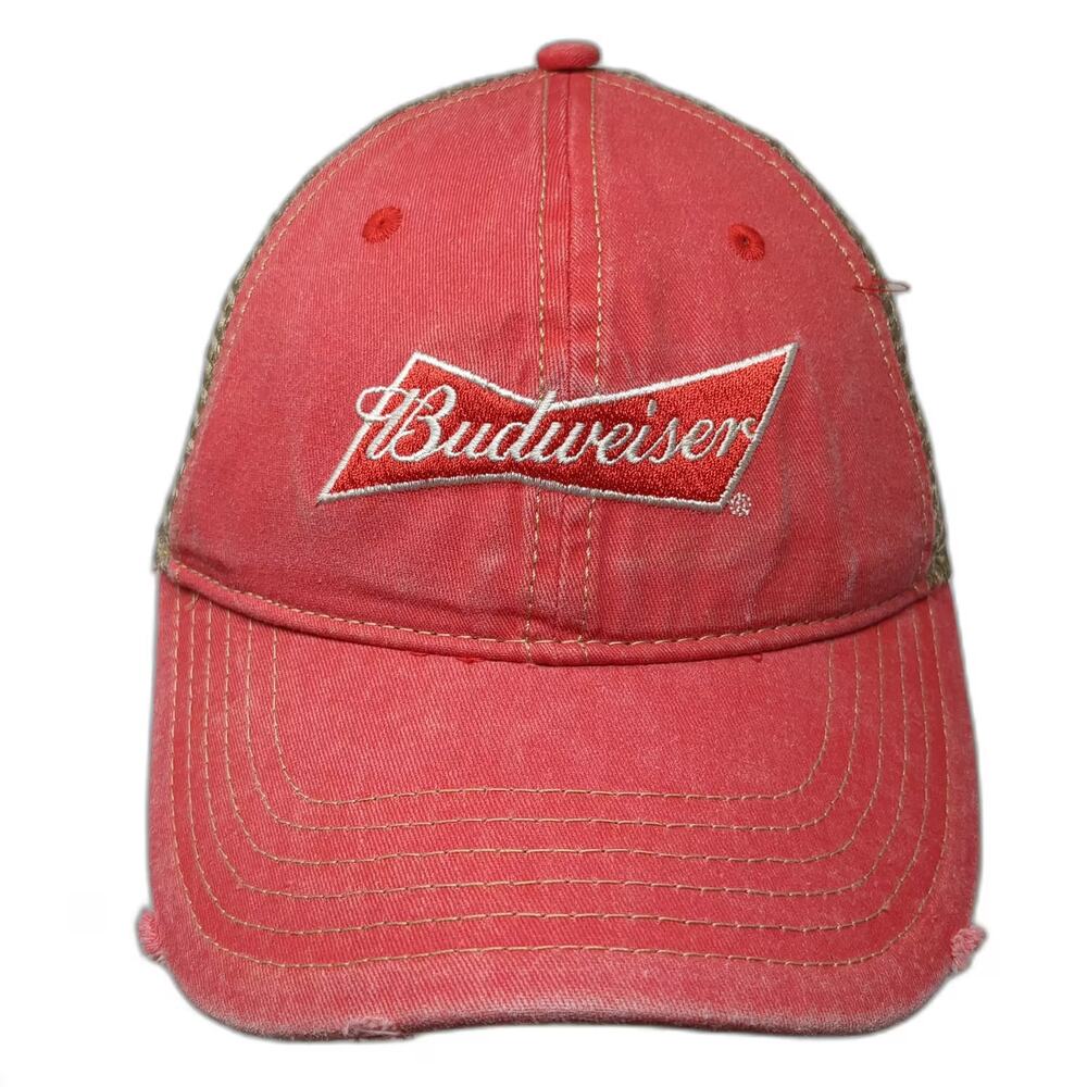 Budweiser Red Beige Trucker Hat OS Snapback Embroidered Mesh Back Distressed